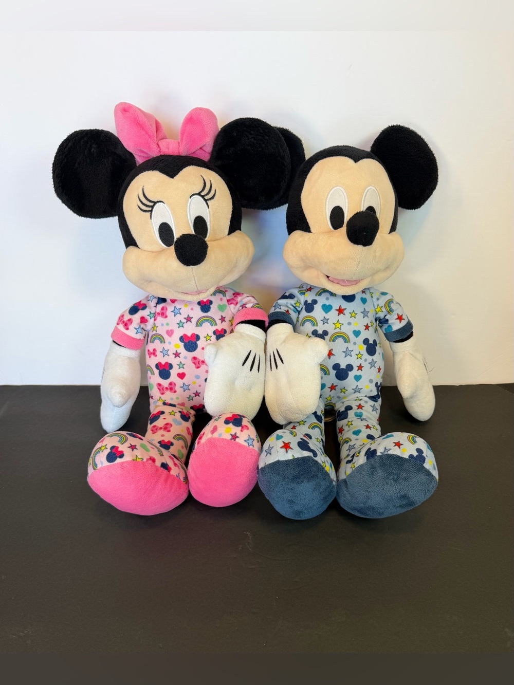Disney Plush Pair Mickey & Minnie Pajamas Bedtime Sleep Just Play Rare Blue Pink
